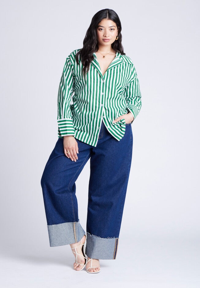 Striped Tie Back Button Up Top, GREEN AND WHITE STRIPE, alternate image number null