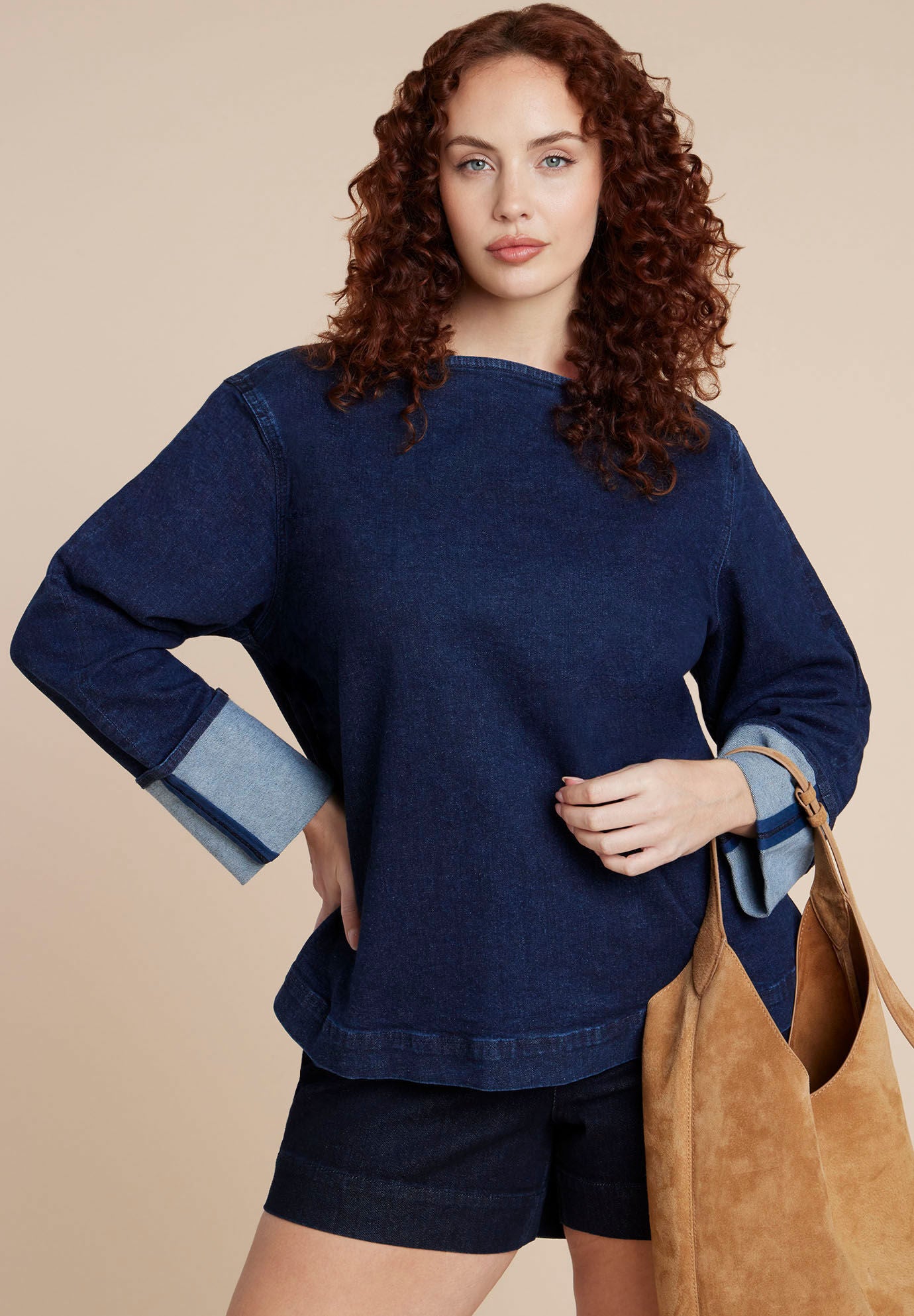 Cuffed Sleeve Denim Top, DARK WASH, on-hover image number 1
