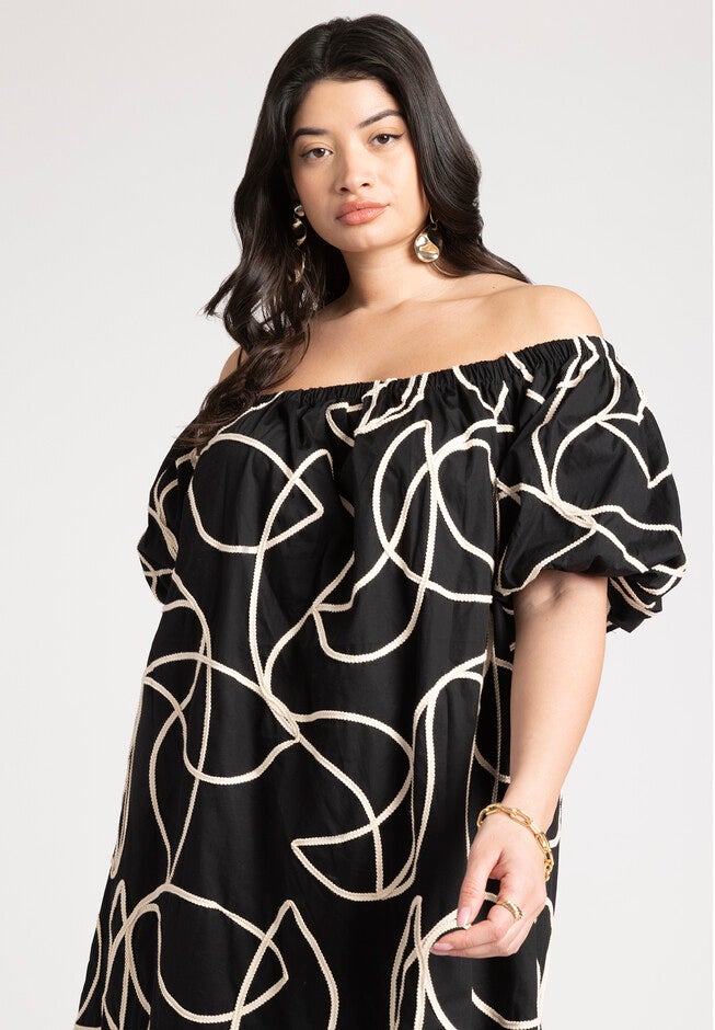Embroidered Midi Dress, BLACK ONYX, alternate image number null