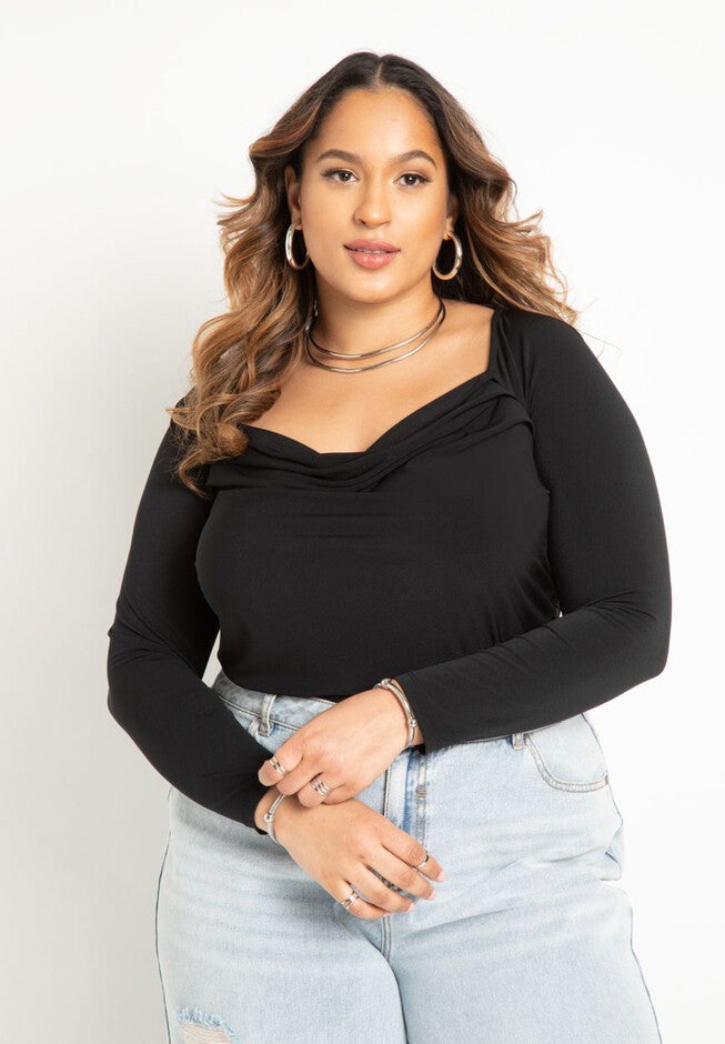 Long Sleeve Slinky Cowl Neck Top, TOTALLY BLACK, hi-res image number null