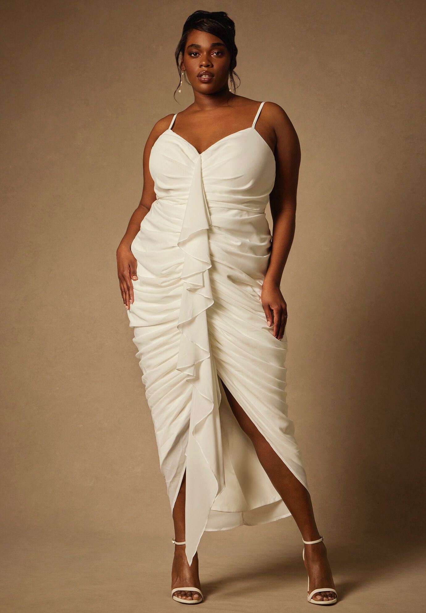 Plus Size Draped Back Zipper Sweetheart Wedding Dress/Maxi Dress With Pearls