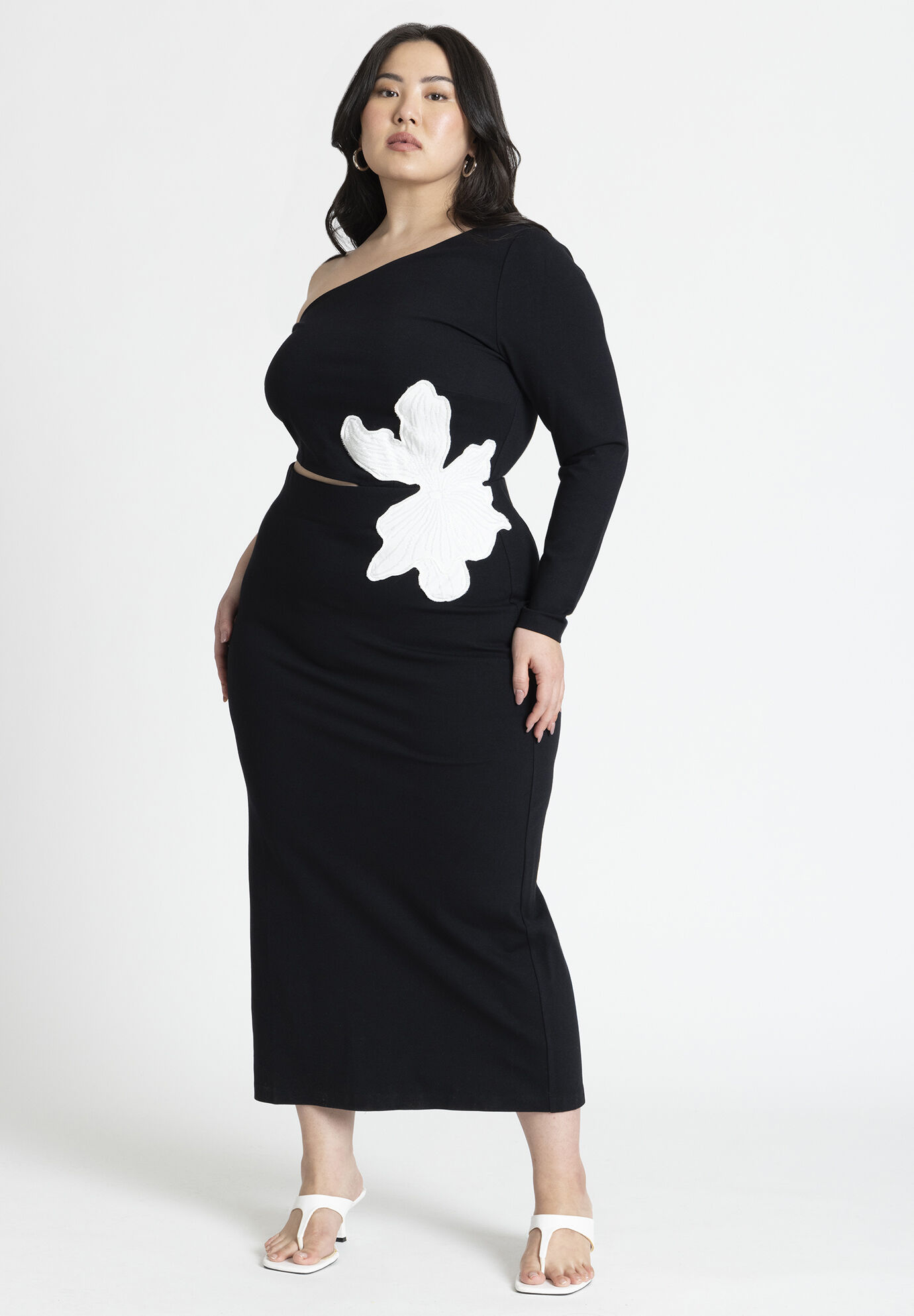 Plus Size One Shoulder Fitted Slit Flower(s) Back Zipper Dress