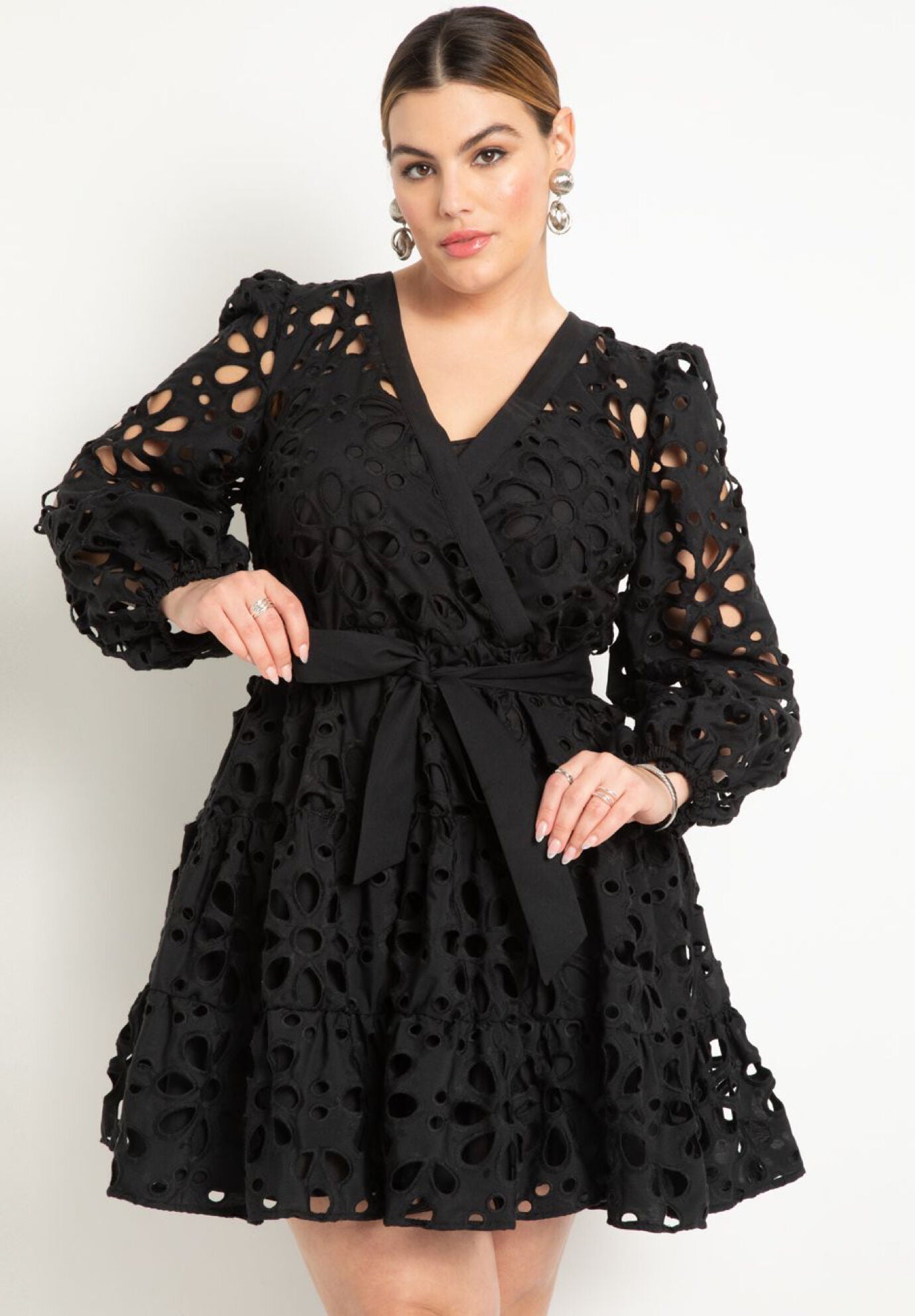 Tiered Eyelet Mini Dress with Puff Sleeves, Black Onyx | Eloquii