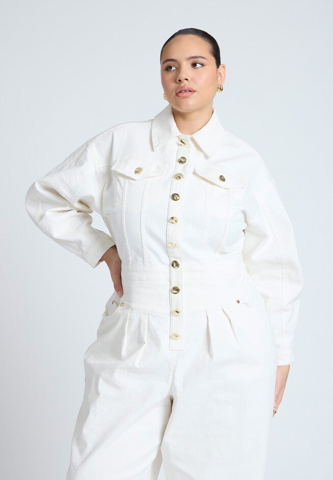 Gold Hardware Denim Jumpsuit, WHITE WASH, alternate image number null