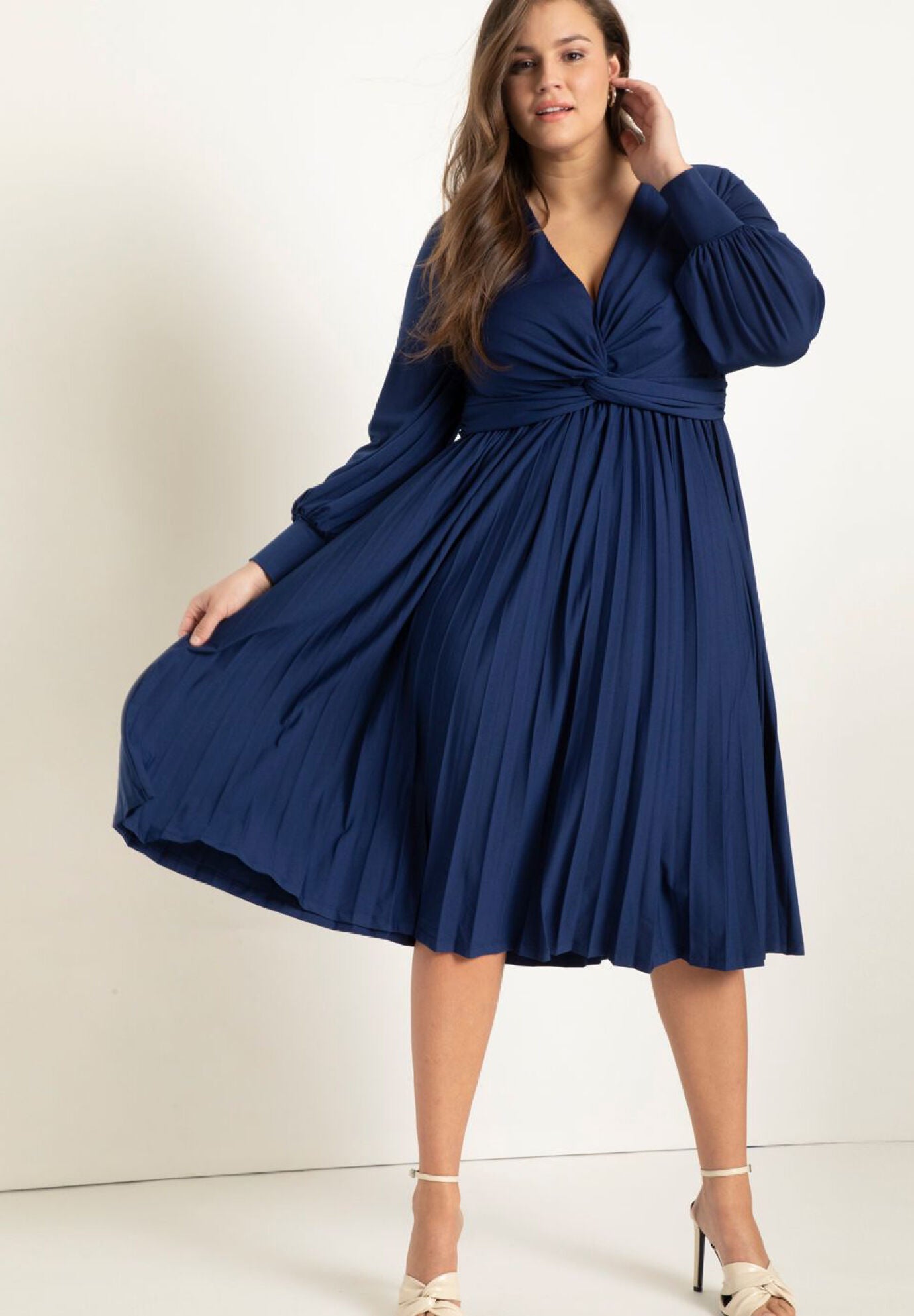 Plus Size Pleated Elasticized Waistline Below the Knee Dress