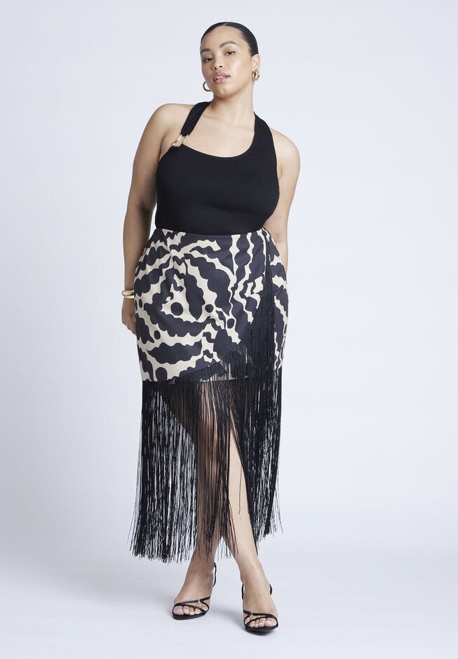 Wrap Front Fringe Mini Skirt, CRINKLE CUT FAUNA, hi-res image number null