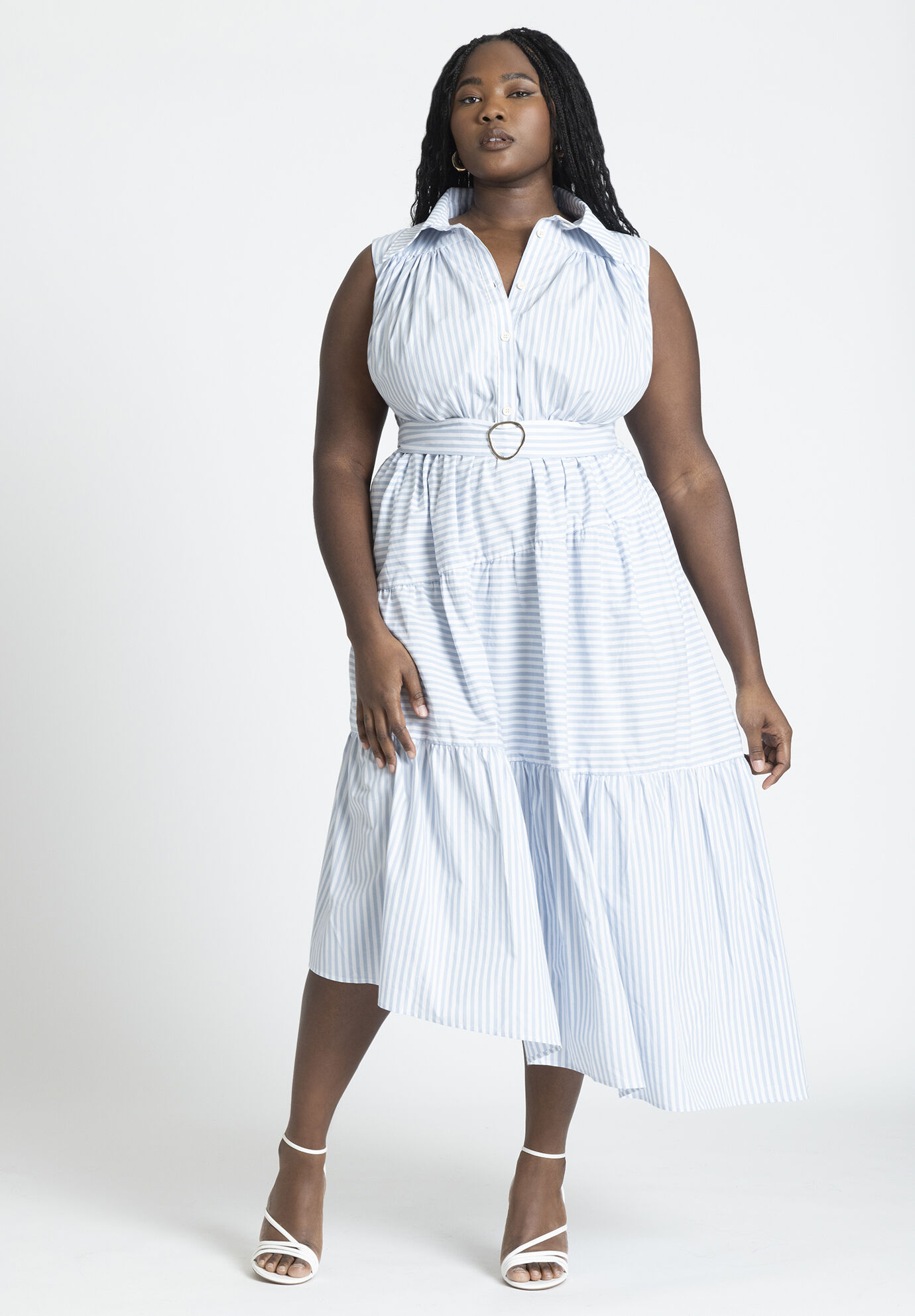 Plus Size Striped Print Sleeveless Pocketed Tiered Shirt Dress