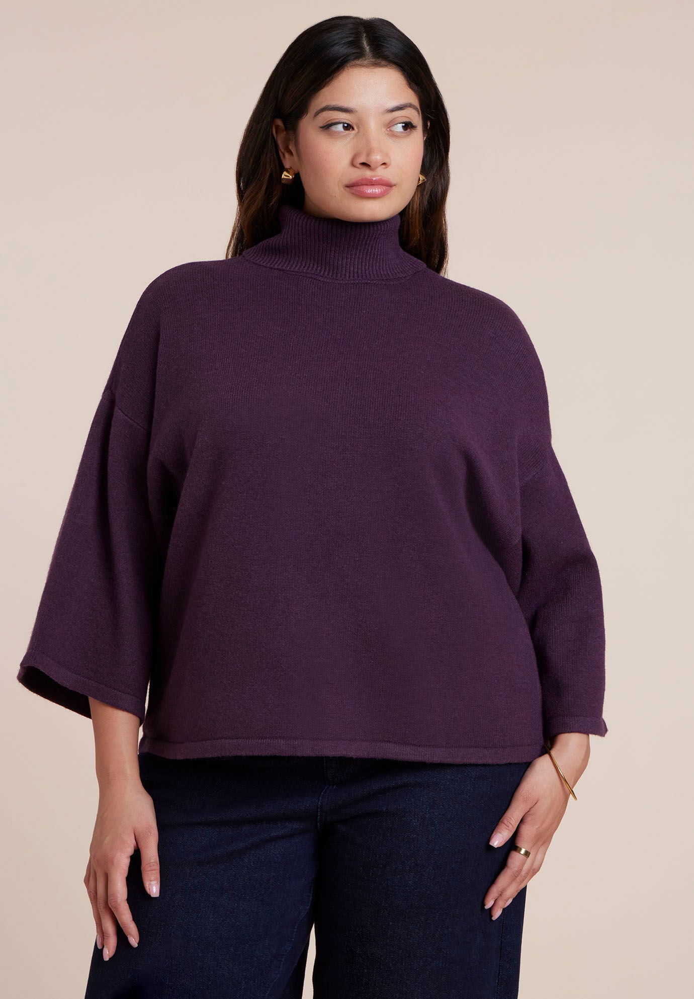 Boxy Three Quarter Sleeve Turtleneck, PLUM PURPLE, hi-res image number 0