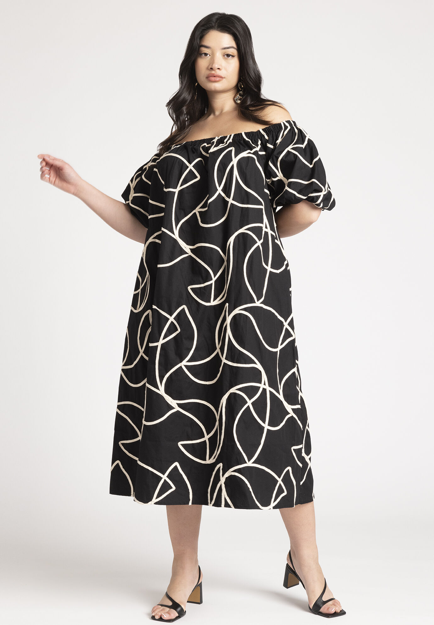 Plus Size Puff Sleeves Sleeves Off the Shoulder Embroidered Midi Dress