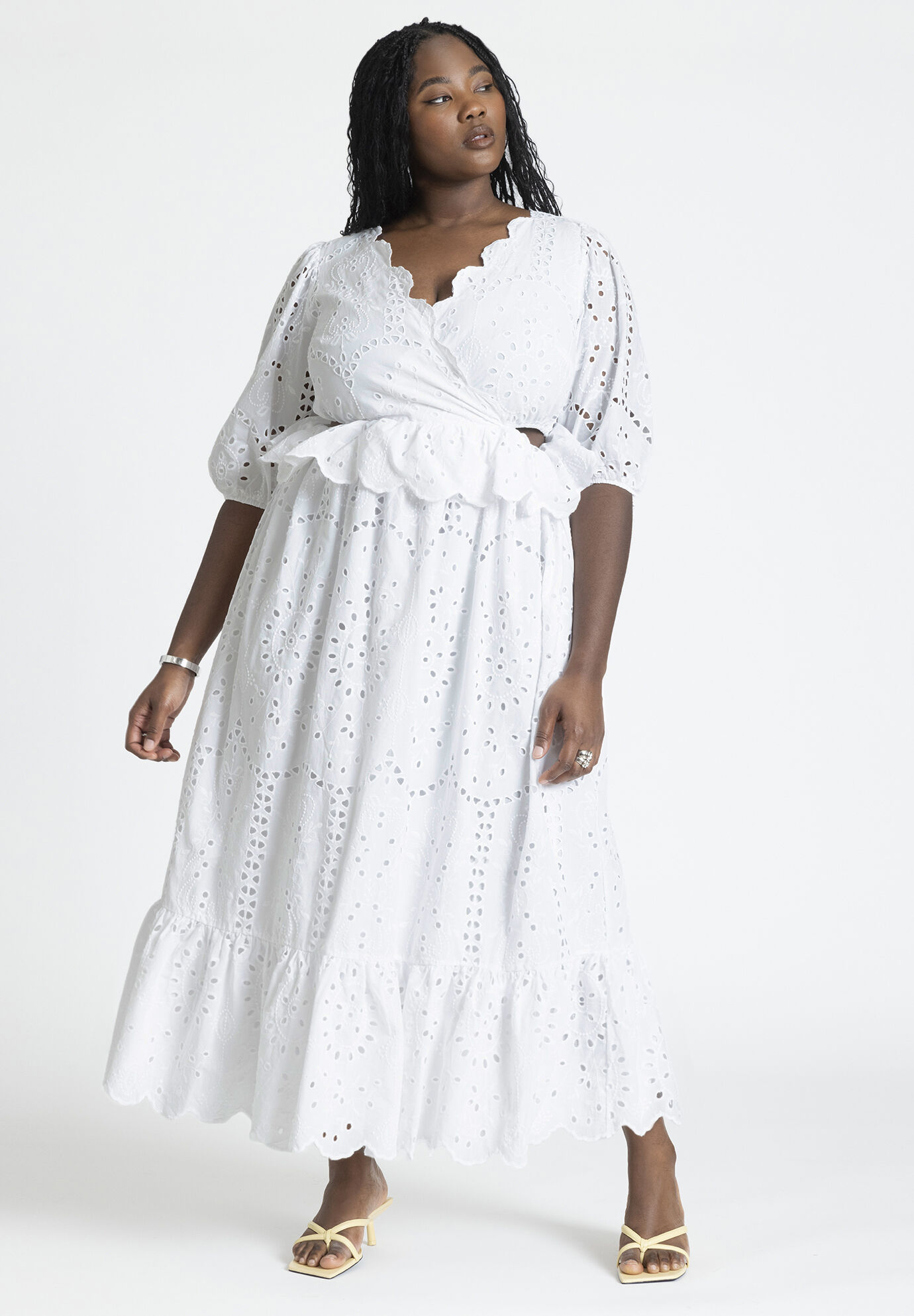 Plus Size V-neck Cotton Elasticized Waistline Puff Sleeves Sleeves Back Zipper Maxi Dress With Ruffles and Pearls