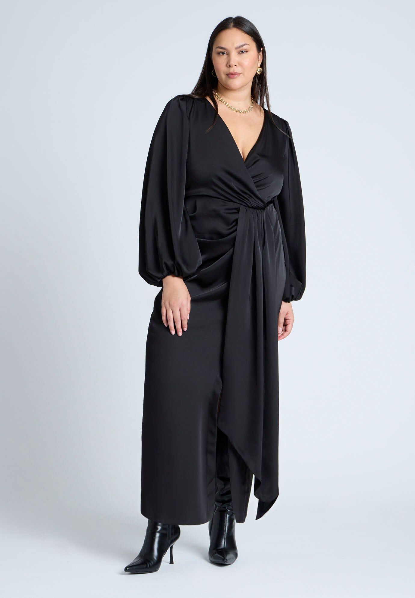 Black Pleated Square Neck Puff Sleeve Party Dress cc304 main image 1