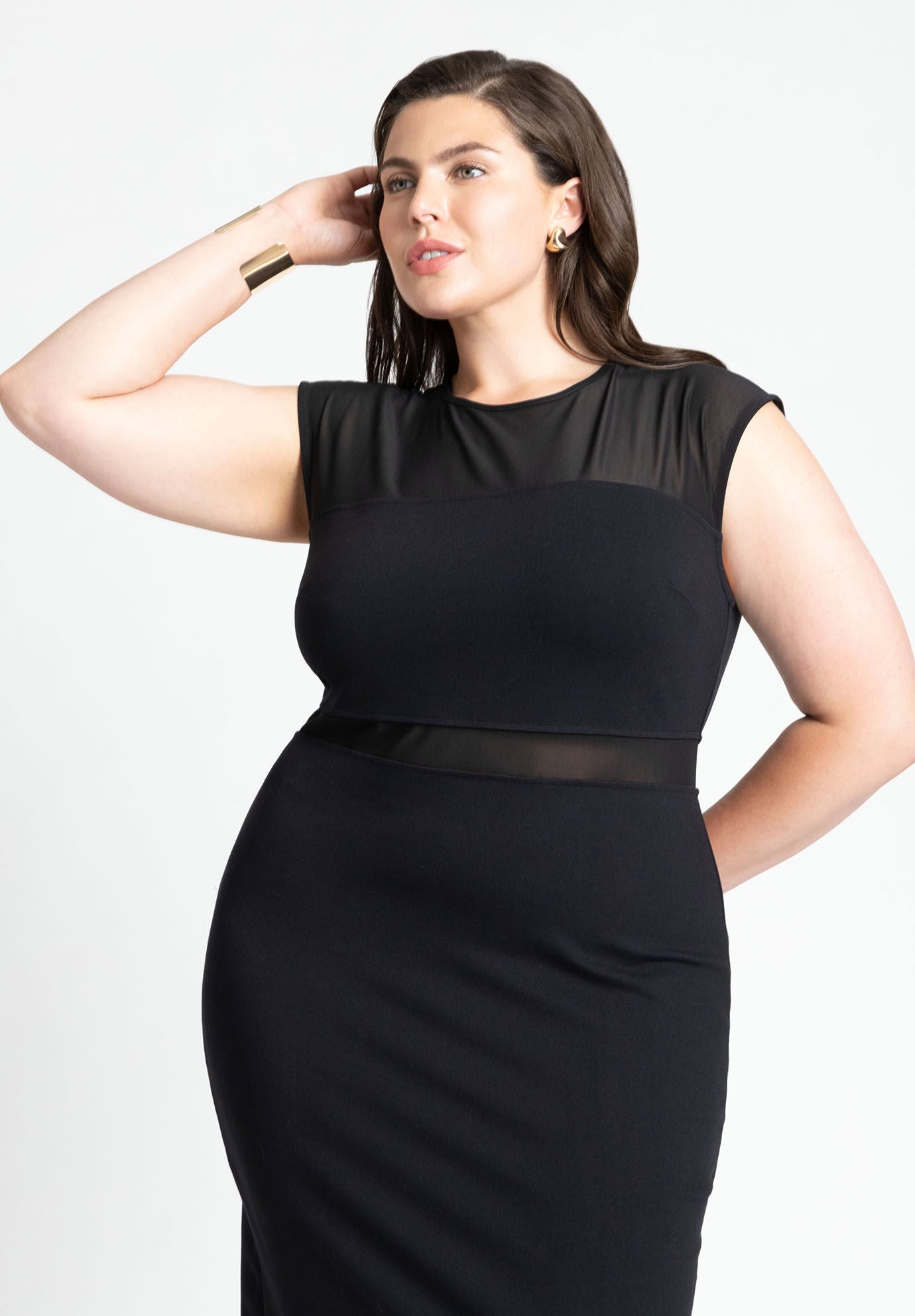 Flower applique mesh panel flare midi dress top
