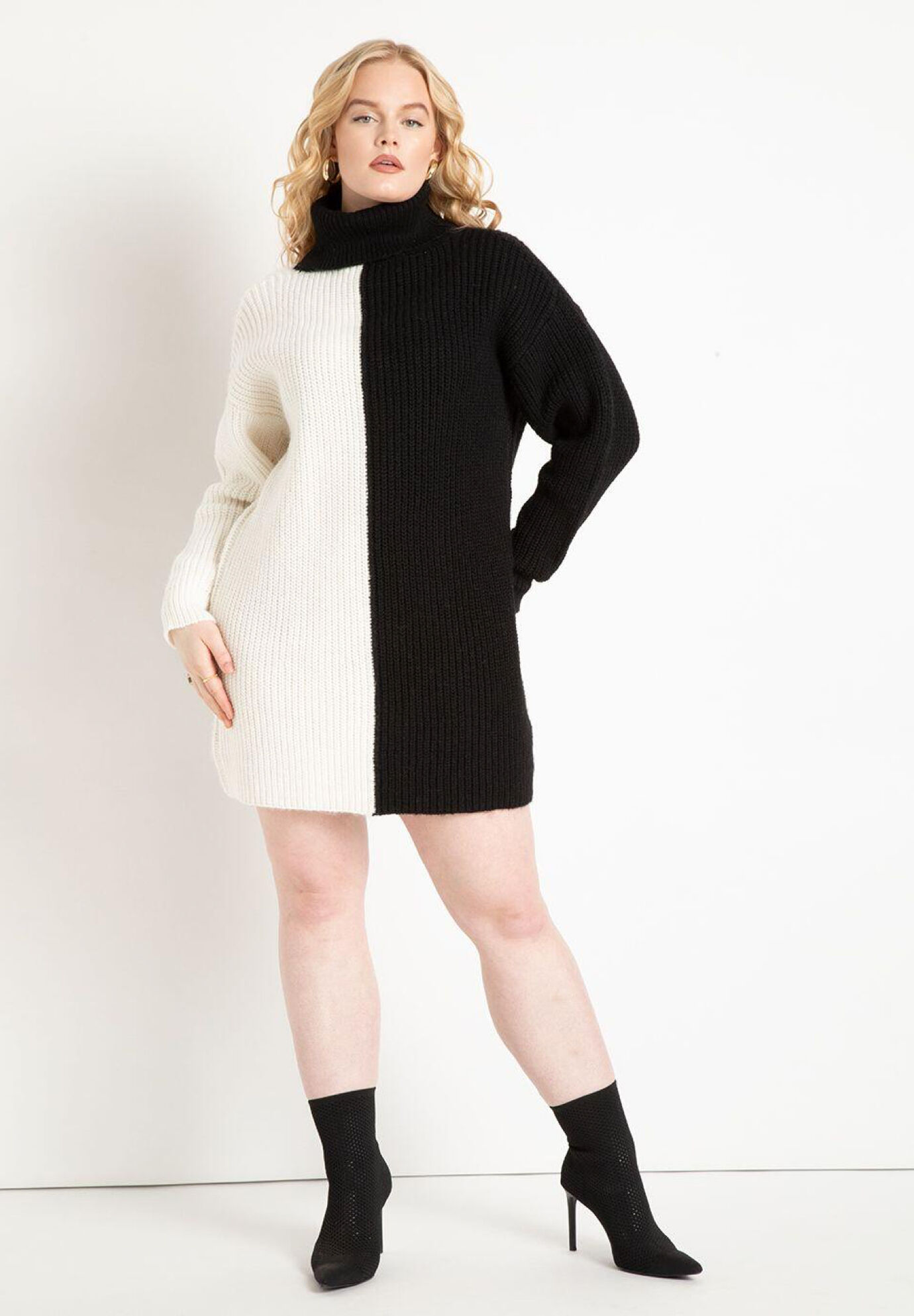 Tall Plus Size Above the Knee Turtleneck Dropped Shoulder Sweater Tunic