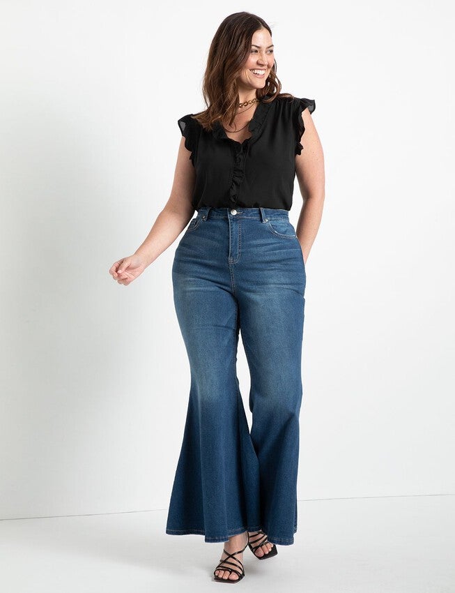 Ruffle Placket Shell, TOTALLY BLACK, alternate image number null