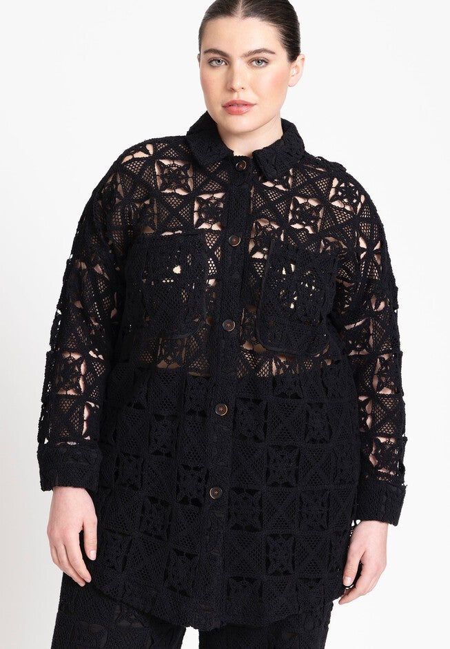 Crochet Shacket with Patch Pockets, Black Onyx | ELOQUII
