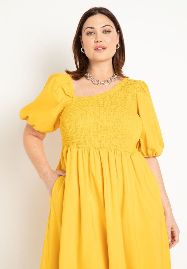 Smocked Bodice Asym Neck Dress, , on-hover image number null