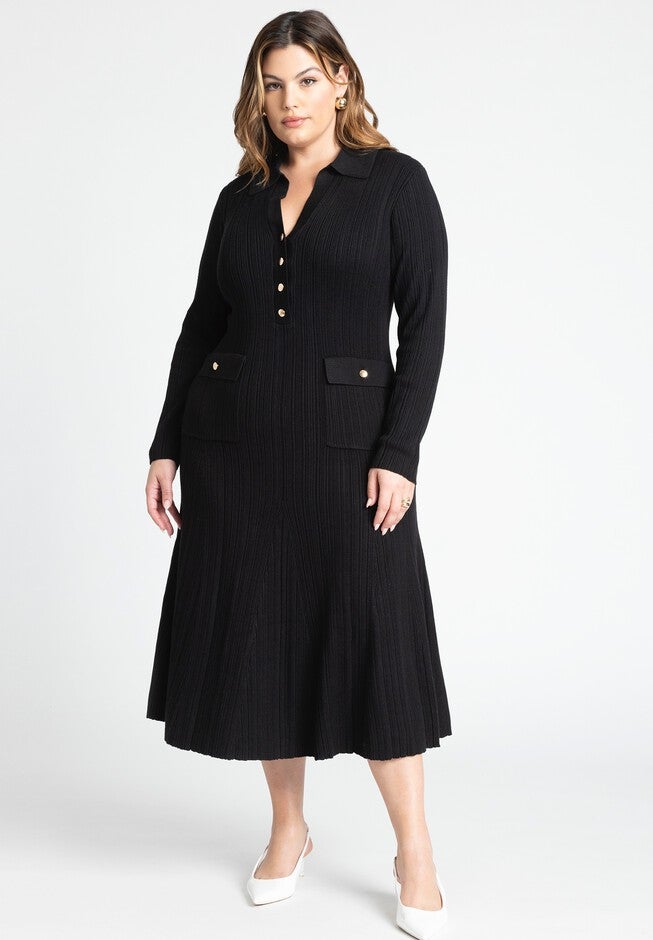 Pocket Detail Midi Dress With Collar, BLACK ONYX, hi-res image number null