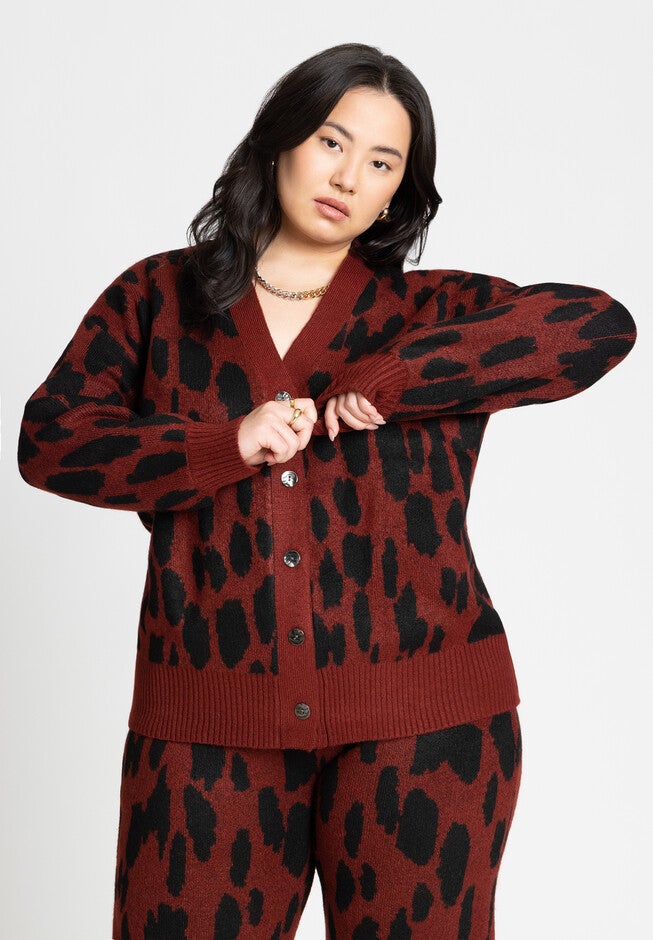 Printed Longline Cardigan, ANIMAL BLUR RED, hi-res image number null