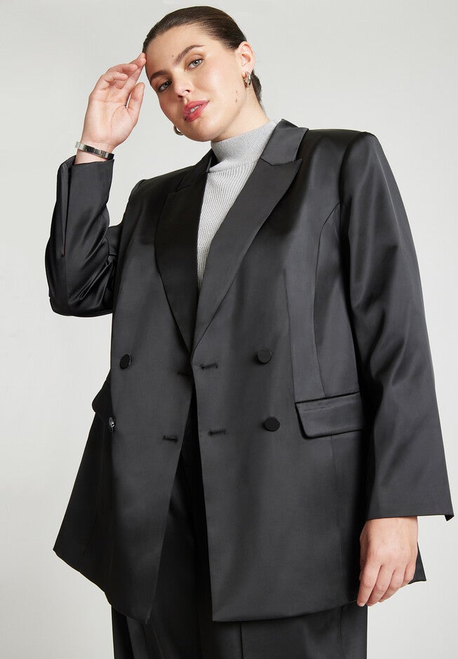 Satin Double Breasted Blazer, BLACK ONYX, alternate image number null
