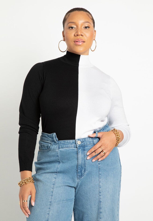 Vertical Colorblocked Turtleneck, BLACK AND WHITE, hi-res image number null