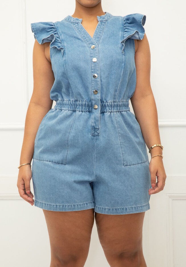 ELOQUII Elements Chambray Flutter Sleeve Romper, , alternate image number null