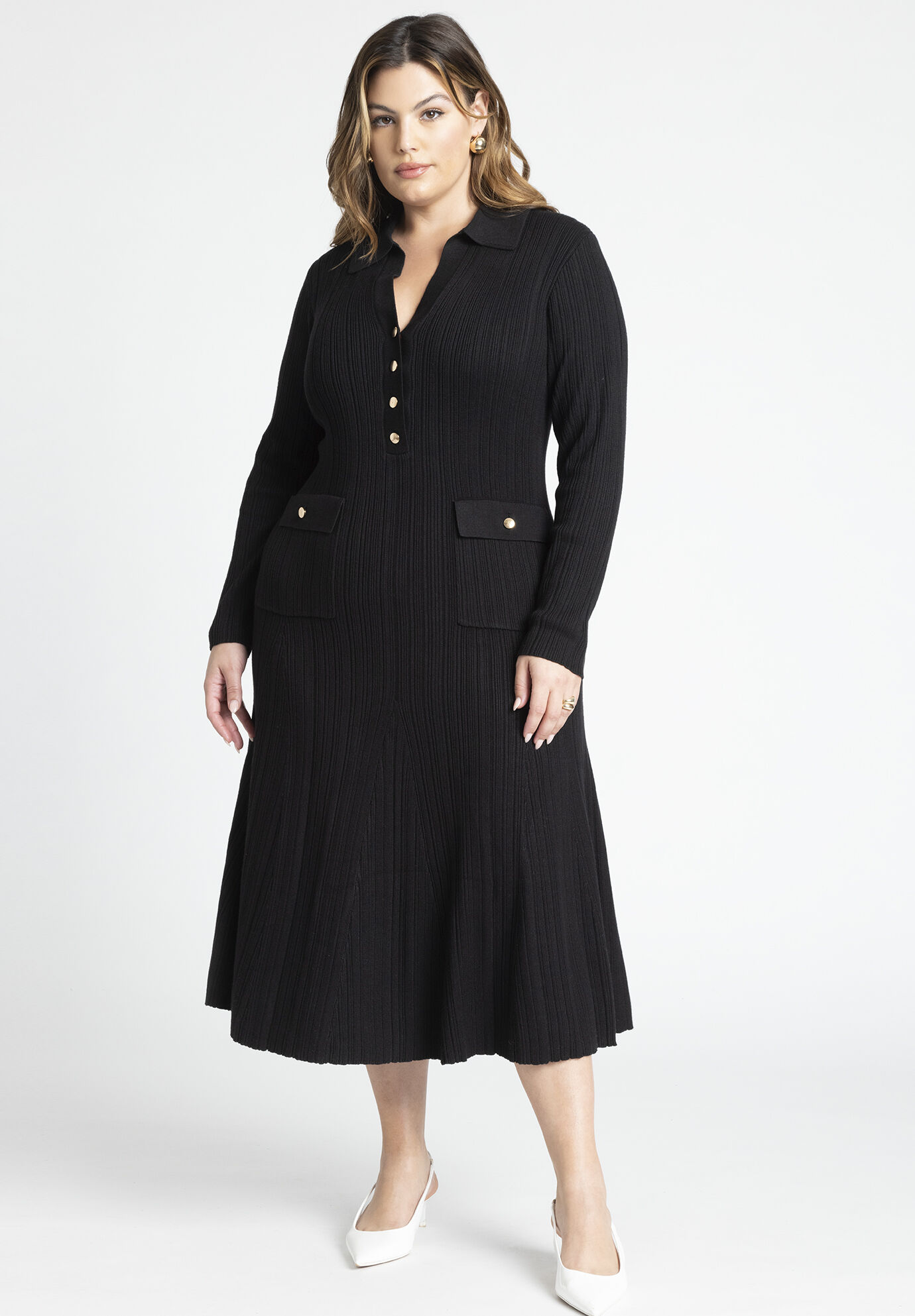Plus Size Collared Sweater Pocketed Ribbed Midi Dress