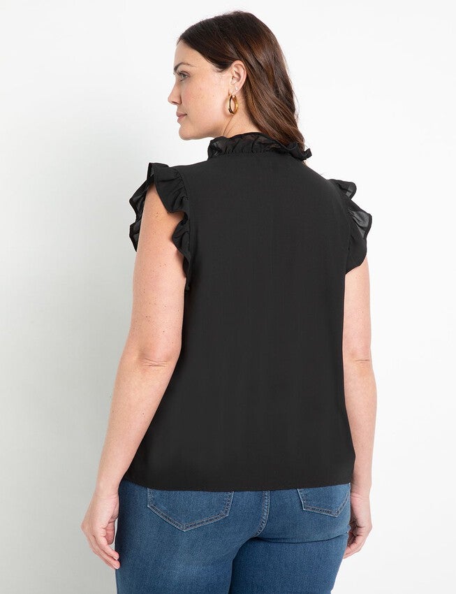Ruffle Placket Shell, TOTALLY BLACK, on-hover image number null
