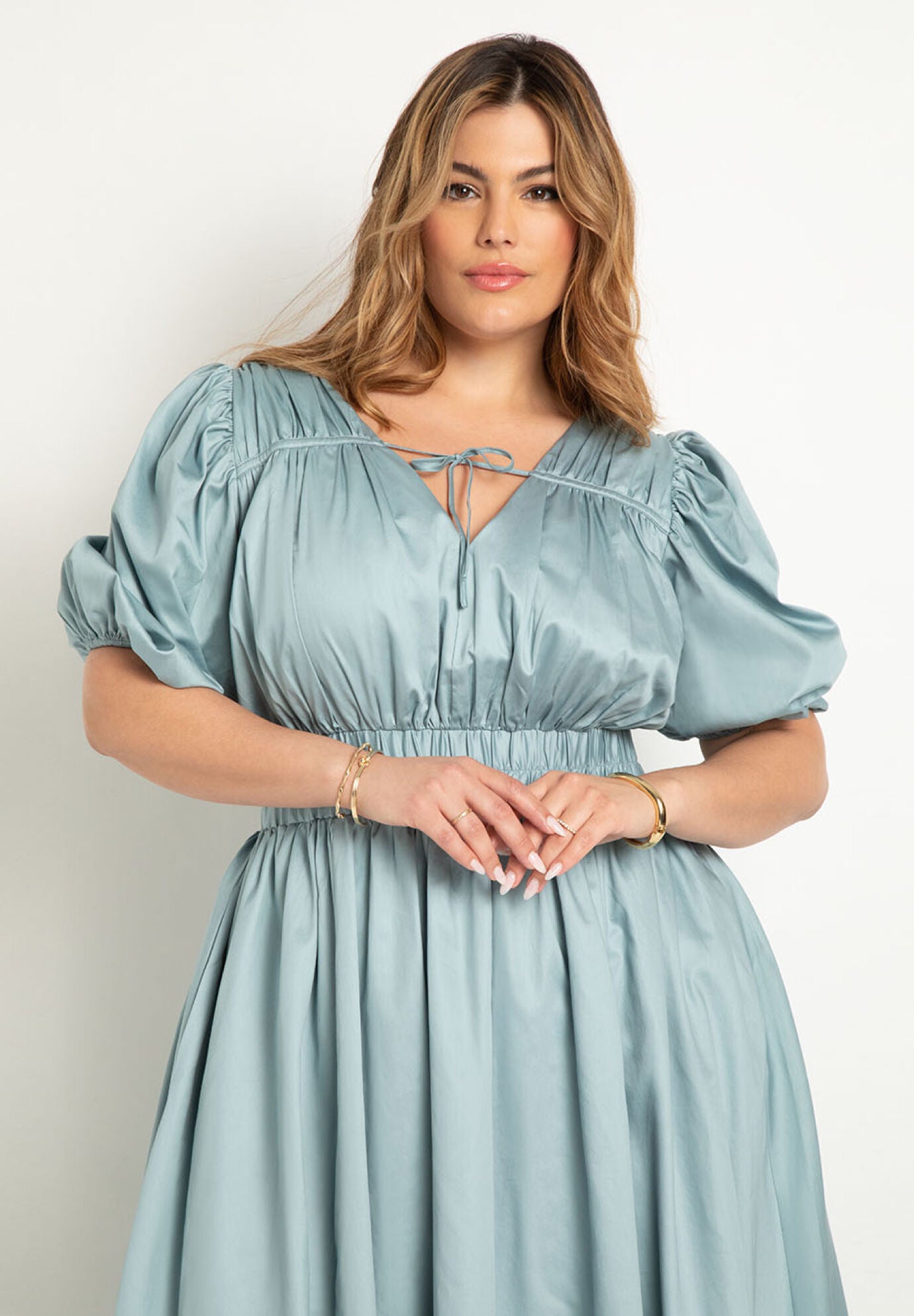 Tie Waist Long Puff Sleeve Dress