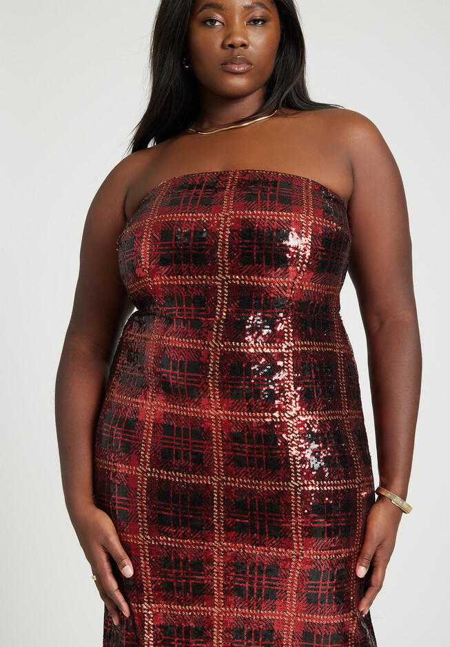 Plaid Strapless Sequin Gown