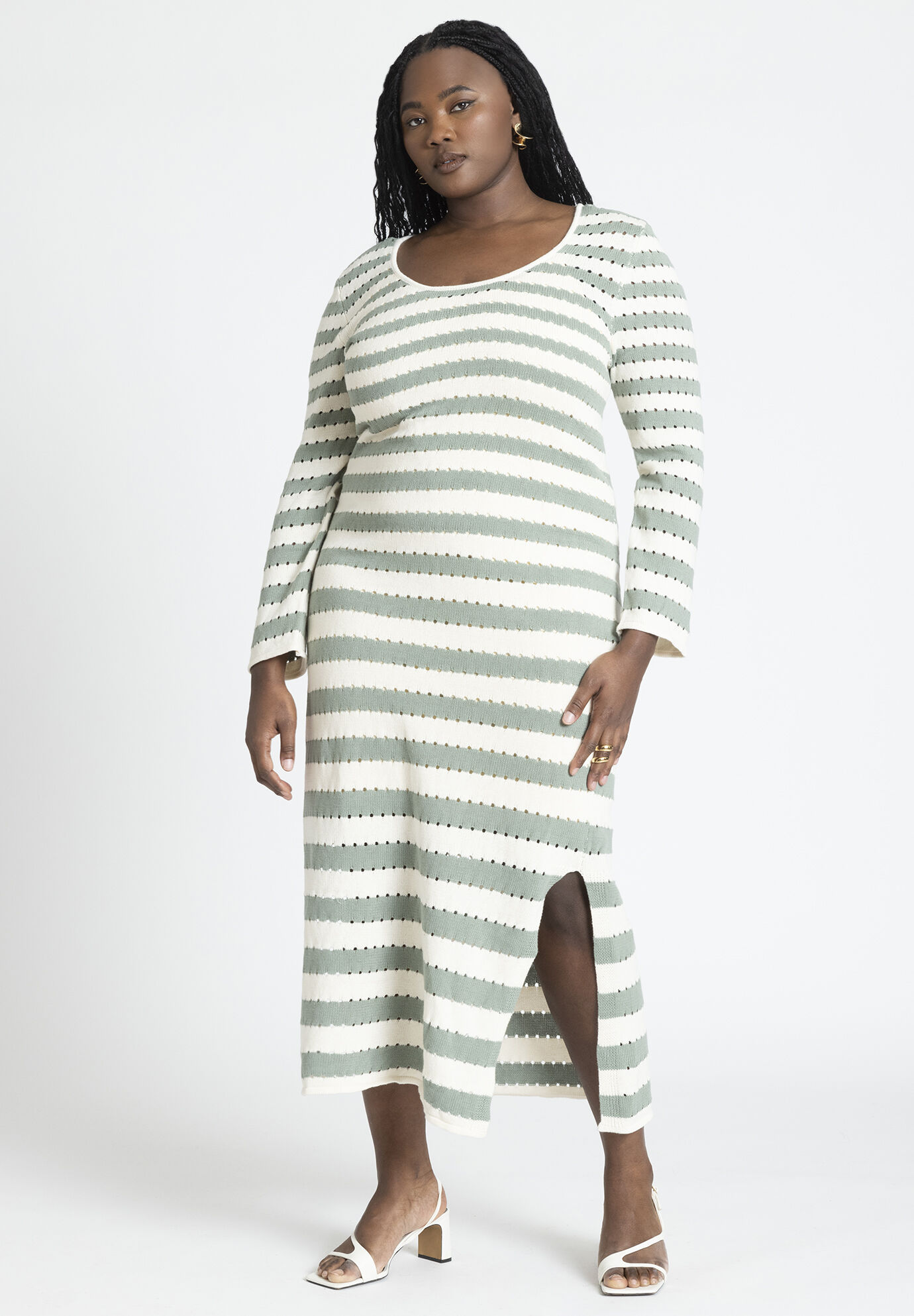 Plus Size Scoop Neck Striped Print Sweater Spaghetti Strap Bodycon Dress