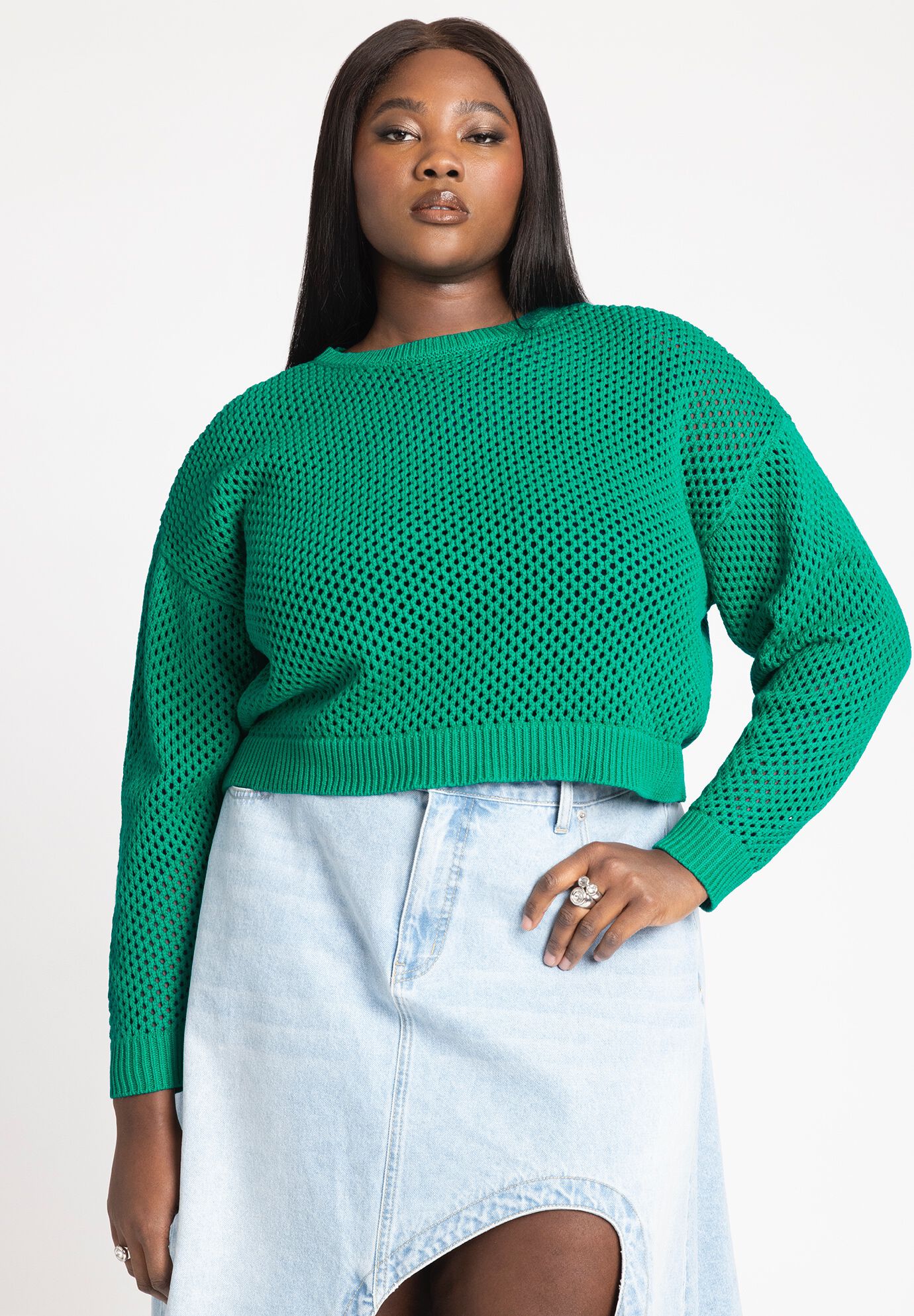 Women Crochet Open Stitch Boxy Cropped Sweater By ( Size 26/28 )