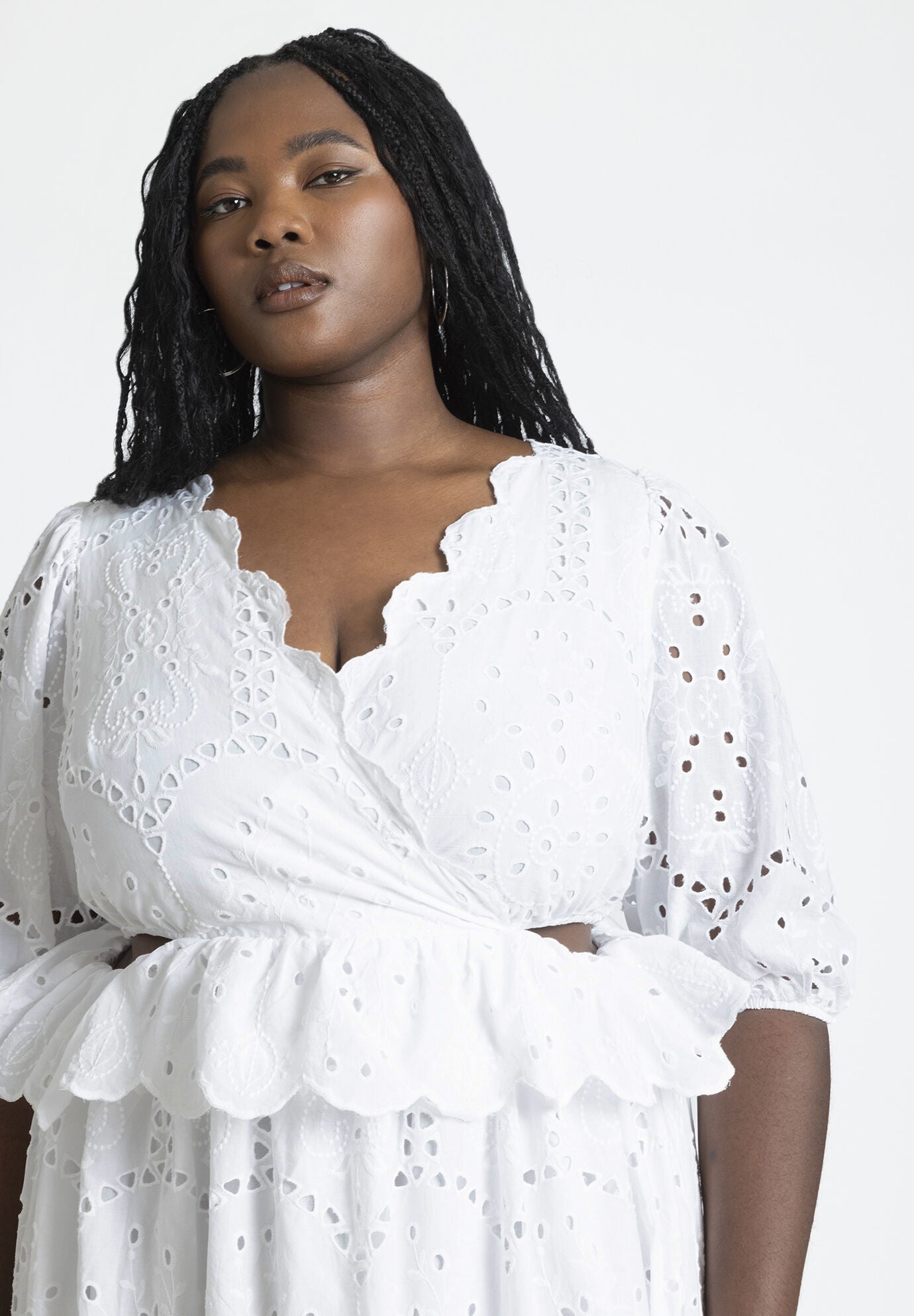 Ruffle Eyelet Maxi Dress Elegant Long Sleeve Pearl Eloquii