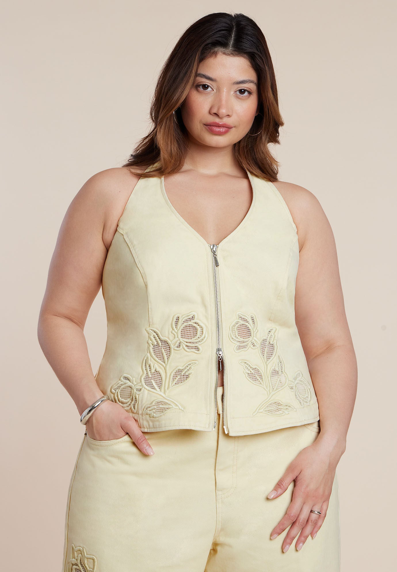 Floral Embroidery Denim Vest