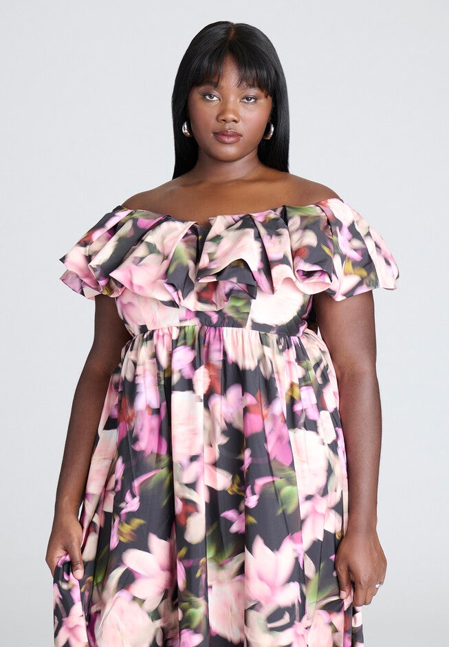 Ruffle Neckline Floral Dress, BLURRY BLOOMS, alternate image number null