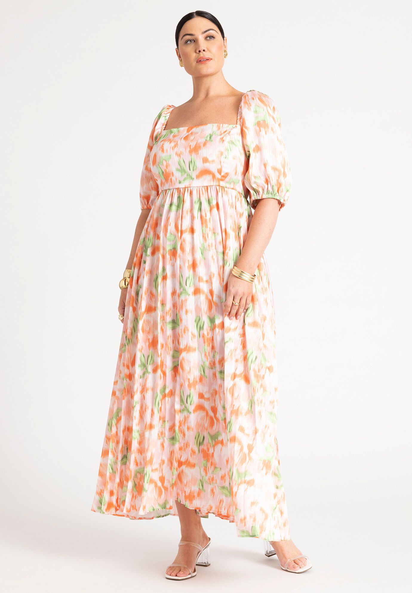 Women Puff Sleeve Pleated Maxi Dress By ( Size 22 )