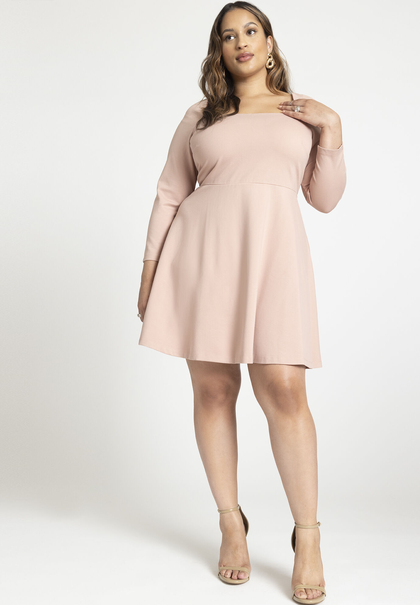 Plus Size Short Scoop Neck Square Neck Fitted Fit-and-Flare Dress