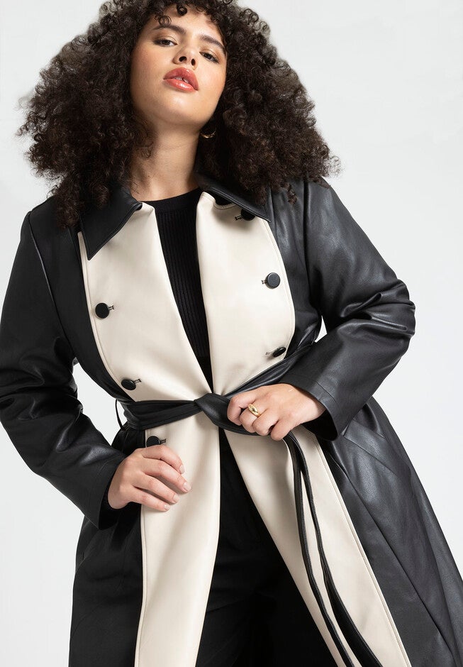 Faux Leather Contrast Panel Coat, , alternate image number null