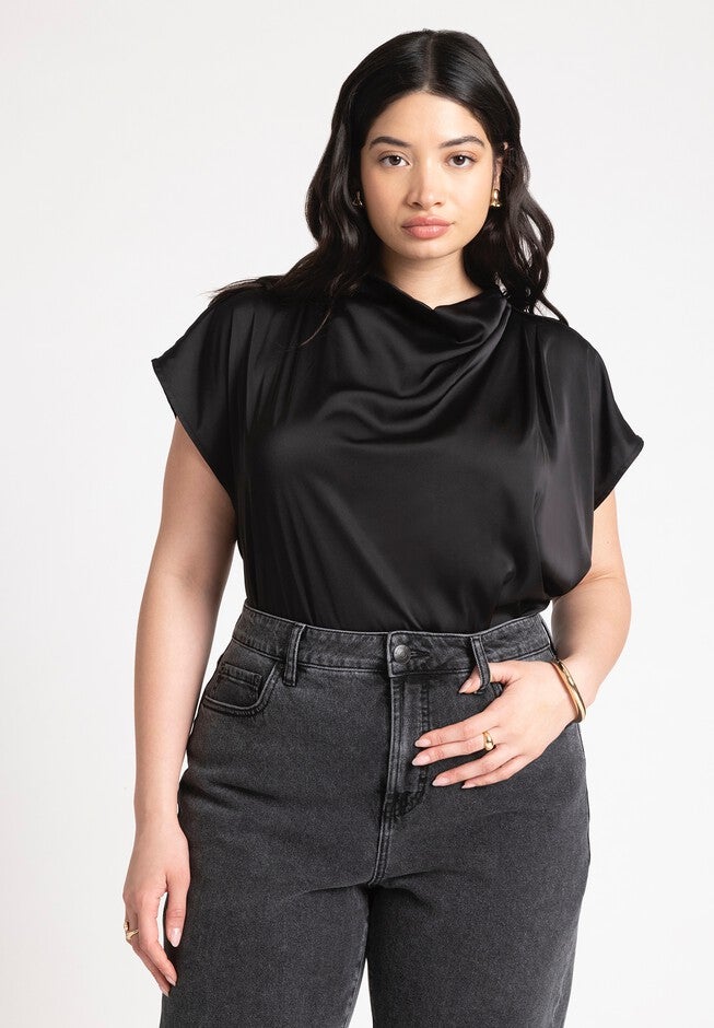 Pleat Detail Satin Shirt, BLACK ONYX, hi-res image number null