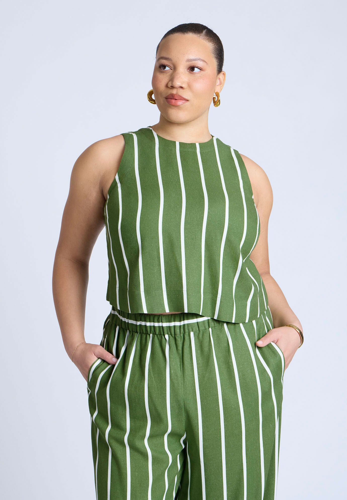 売れ筋商品|||エロクイ カットソー トップス レディース Plus Size Linen Blend Boxy Scoop Neck Crop Tank Willow bough stripe 5e01abca-1431-4547-ad22-