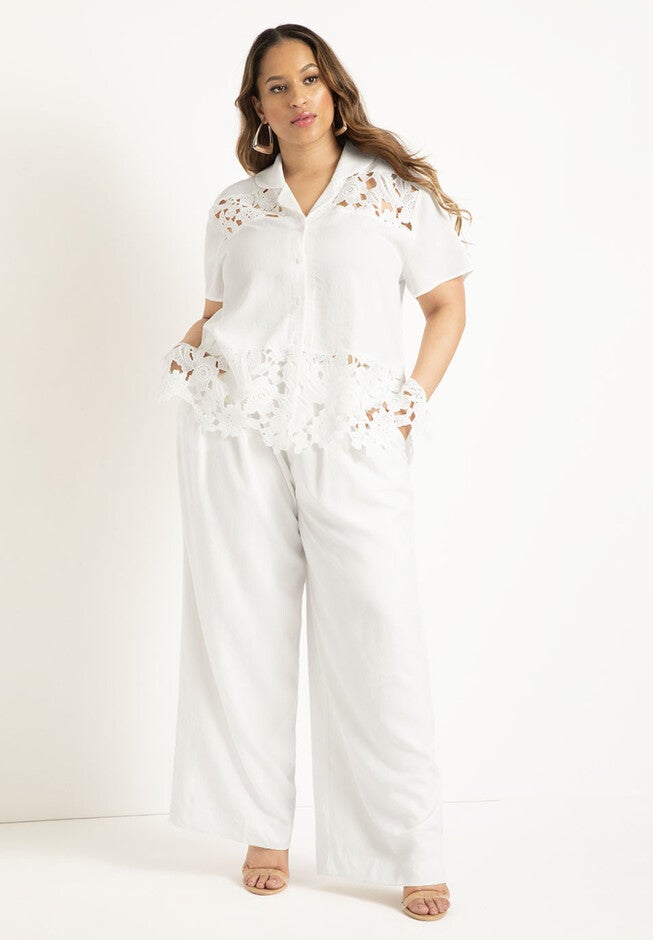 Lace Inset Short Sleeve Button Down, , alternate image number null