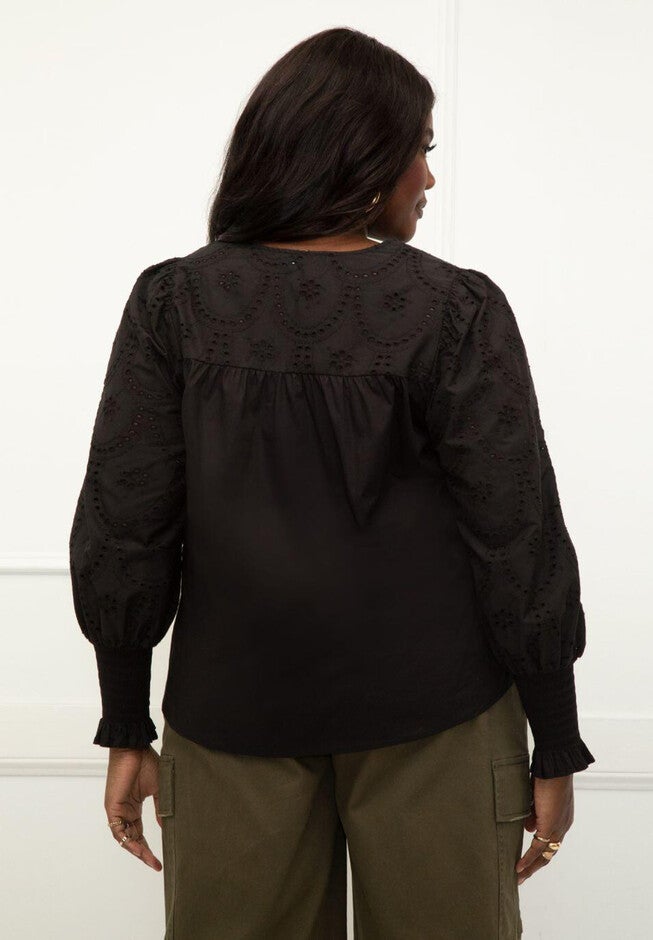 ELOQUII Elements Eyelet Puff Sleeve Top, , on-hover image number null