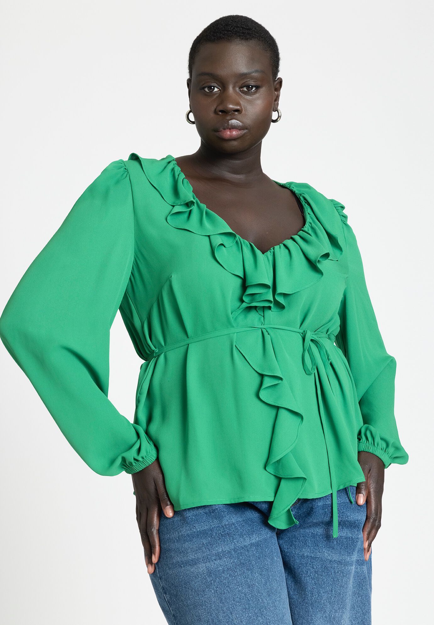 Ruffle V Neck Blouse with Puff Sleeves 4488558 Eloquii