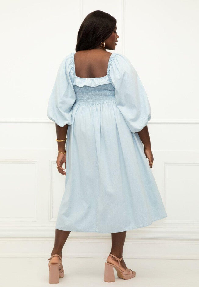 ELOQUII Elements Smocked Bodice Chambray Dress, , alternate image number null