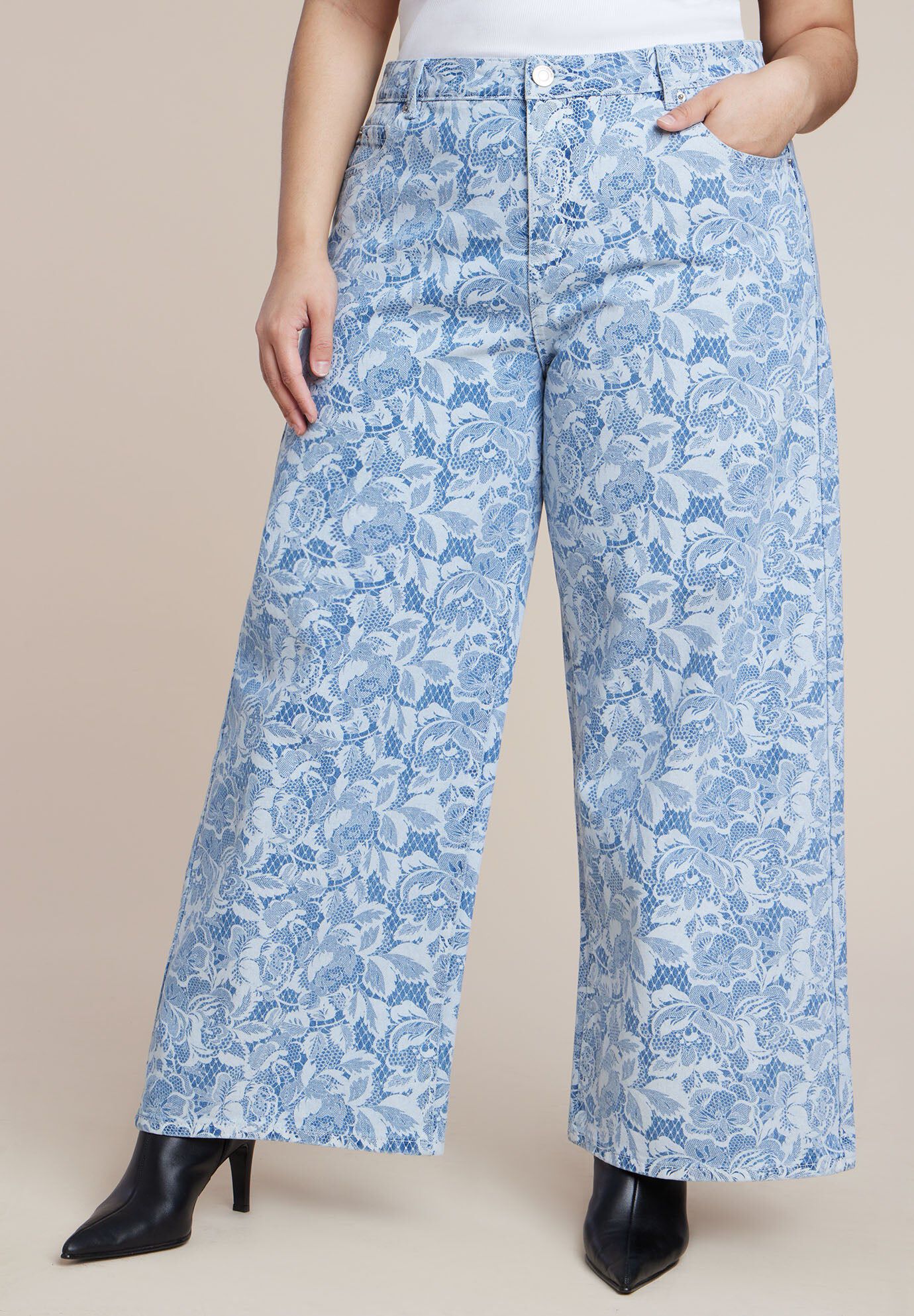 Lace Printed Wide Leg Jeans
