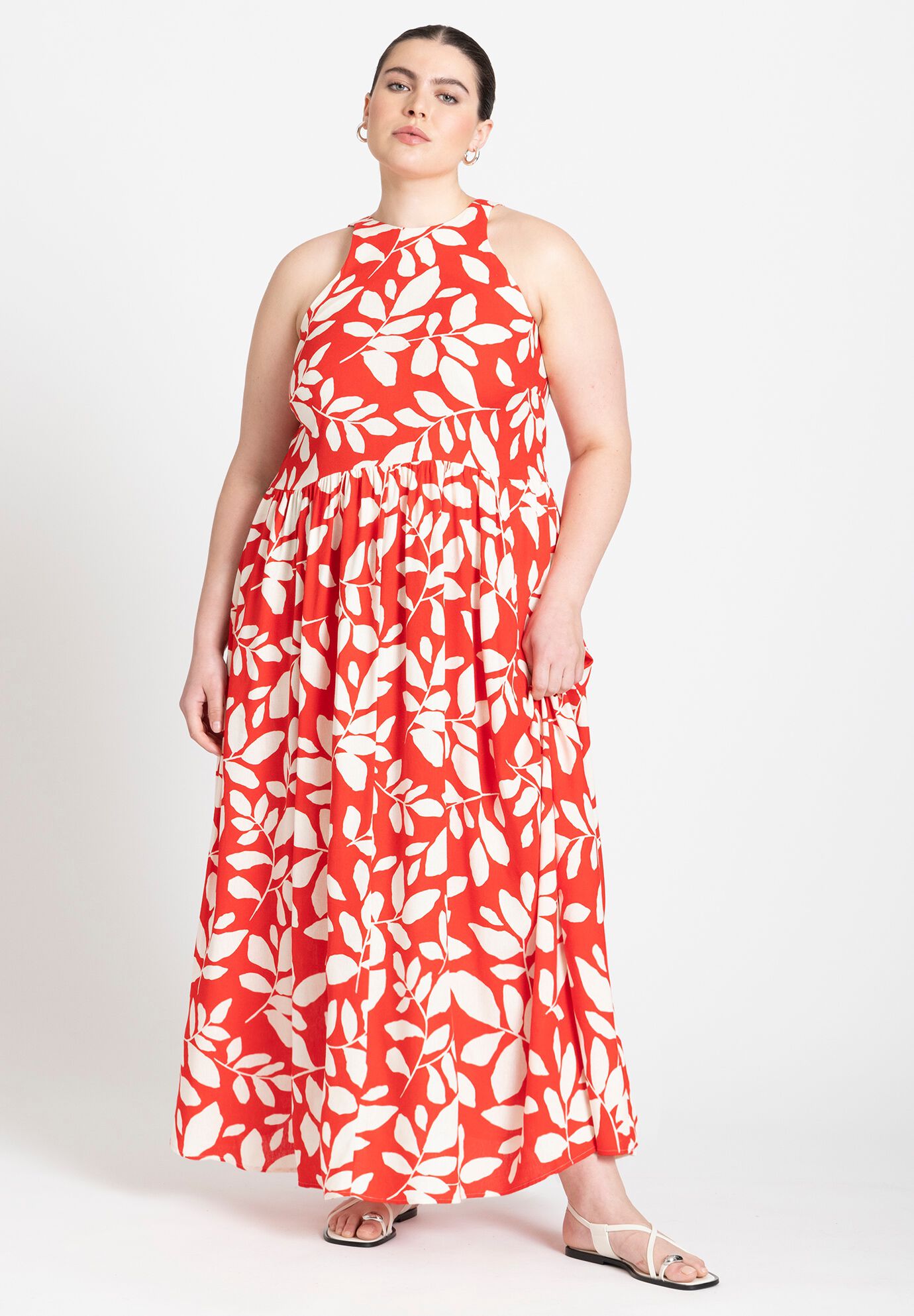 Maxi Dress with Printed Flare Skirt Halter Neckline Botanical Cameo Eloquii