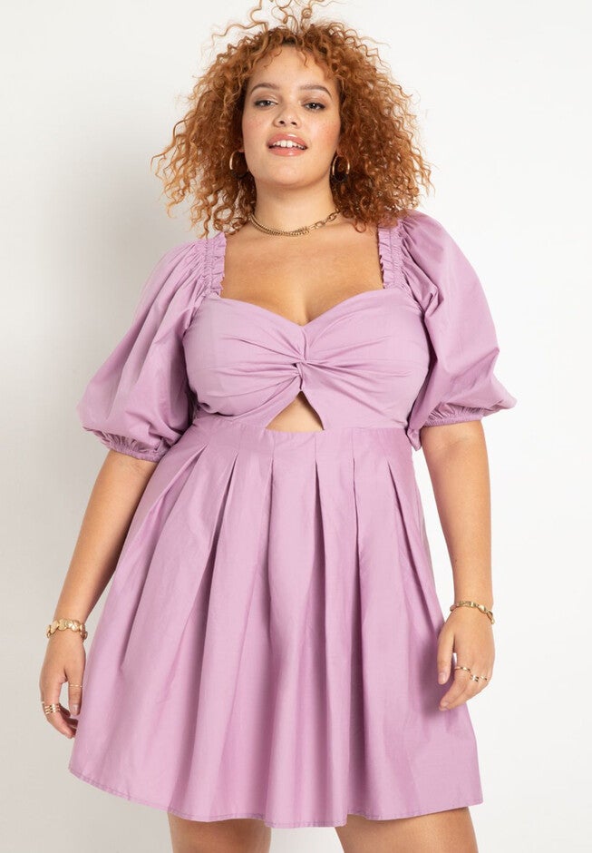 Twist Bodice Puff Sleeve Dress, , on-hover image number null