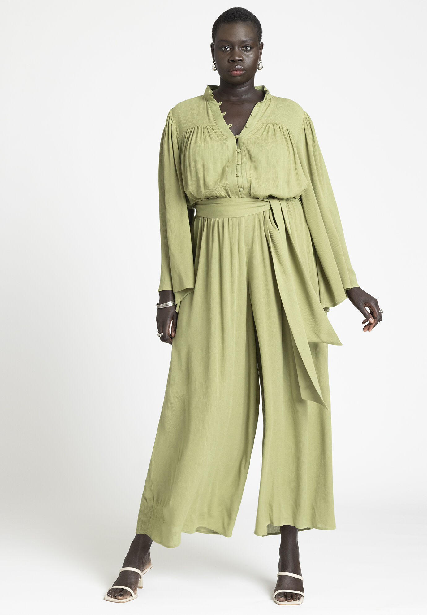 Plus Size Mock Neck Belted Flowy Floor Length Rayon Cover Up/Jumpsuit