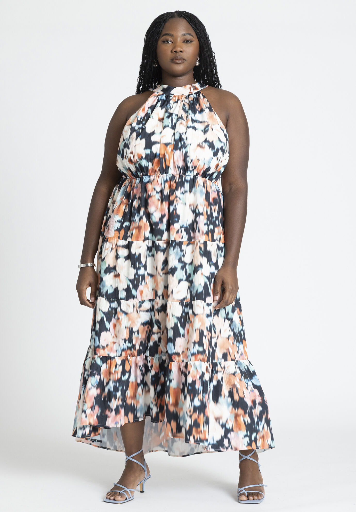Plus Size Floral Print Halter Polyester Tiered Crinkled Maxi Dress