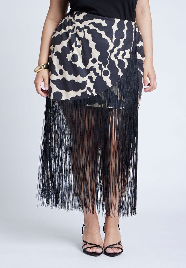 Wrap Front Fringe Mini Skirt, CRINKLE CUT FAUNA, on-hover image number null