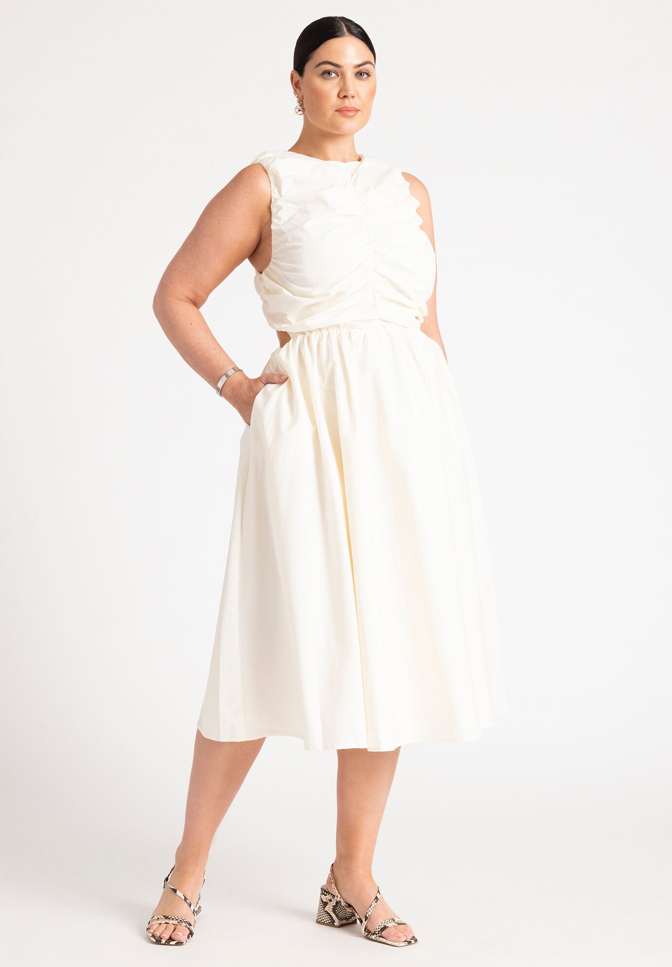 Shirred Pocketed Cutout Sleeveless Dress With Pearls by Eloquii
